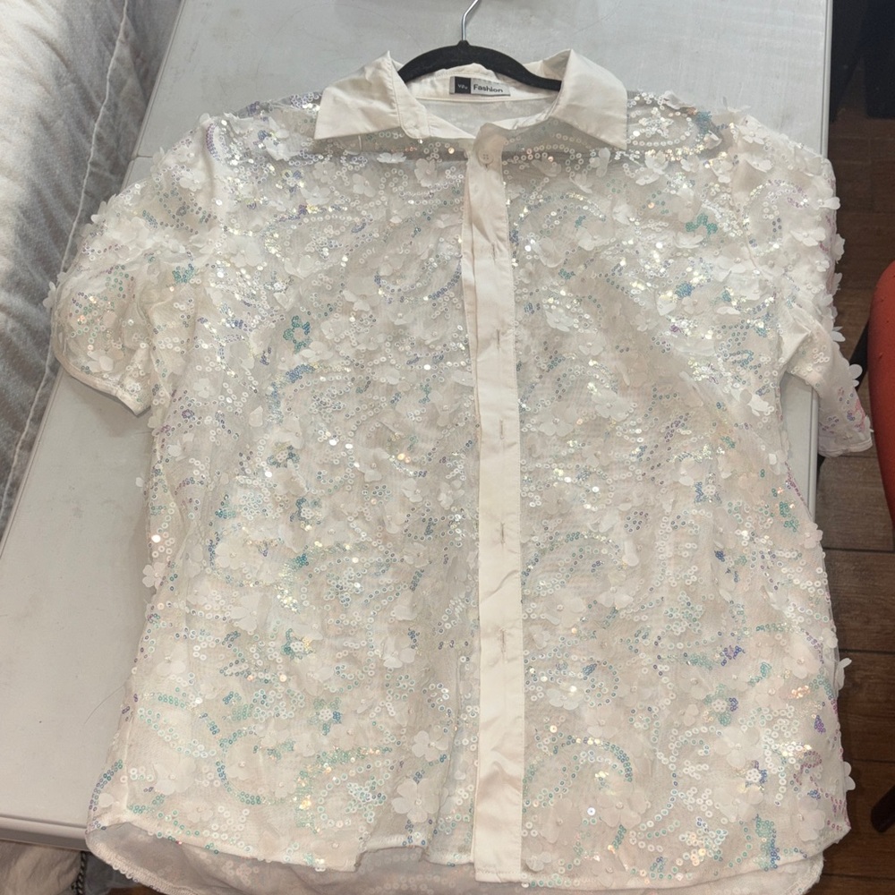 #2 iHeartRaves White Sequin Button Down Shirt - Picture 2 of 4